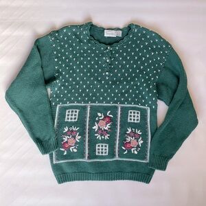Vintage Sweater Medium Women Granny Cottage Garden Flower